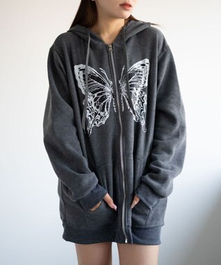 WEGO バタフライBIGZIPパーカー ブラック中濃色