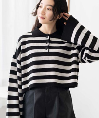 WEGO ボーダーニットポロ ブラックボーダー