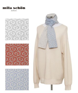 MOONBAT mila schon (ミラ・ショーン) カシミヤ100％ ジャガードプチマフラー リバーシブル サックスブルー