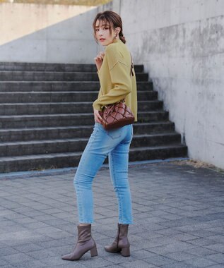 Tiaclasse 【洗える】配色切り替えニットトップス ライム