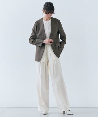 BEIGE， 【洗える】CAROLE / リネンライクノーカラーハーフ丈ジャケット Mocha