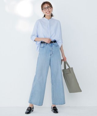 ICB 【接触冷感・UVカット・洗える】ヴィンテージスパンブロード バンドカラーシャツ スカイブルー系