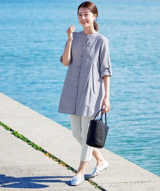 Tiaclasse 【新色追加・洗える】バンドカラーシャツチュニックブラウス ネイビーストライプ