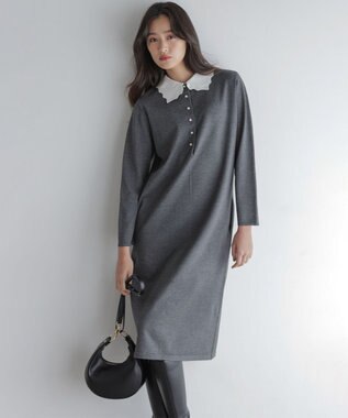 組曲 L レースライク襟付きニットワンピース グレー系