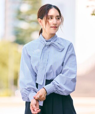 #Newans 【洗濯機可】ステッチデザインリボンタイブラウス ネイビーストライプ
