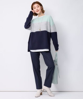 23区 L 【洗える】ウールカシミヤ カラーブロック ニット ミント系