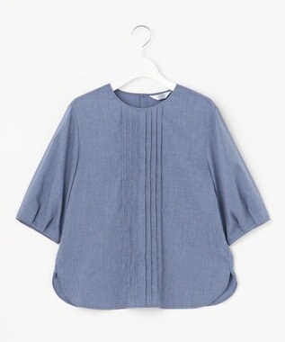 J.PRESS LADIES 【洗える】ラミーポプリン クルーネック ブラウス ブルーシャンブレー系