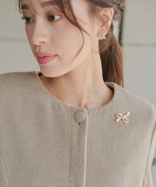 Tiaclasse 【ウール混】ノーカラーバックリボンウールコート グレージュ