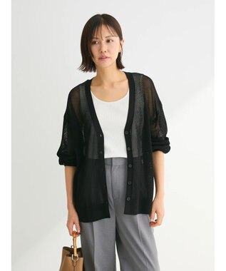 Green Parks メッシュミディ丈ニットカーディガン Black