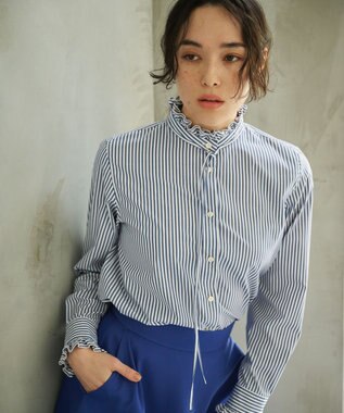 #Newans フリルカラーノーブルブラウス ネイビーストライプ