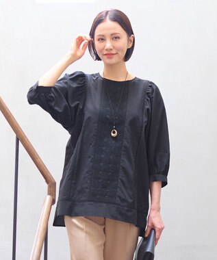 自由区 【洗える・XSサイズあり】ジオメトリックエンブロイダリー ブラウス ネイビー系