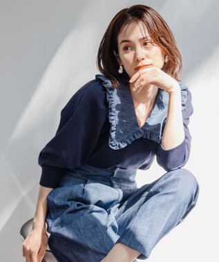 組曲 L 【組曲×setsuko sagittaire】襟付きプルオーバー ニット ネイビー系