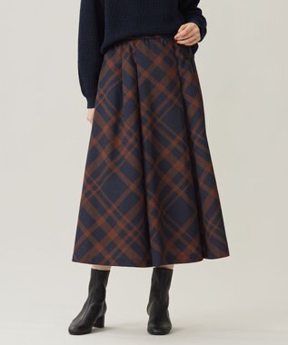 自由区 L 【洗える】スラブチェックプリント スカート ネイビー×ブラウンチェック