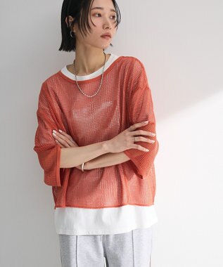 Green Parks 七分袖コットンメッシュラグラントップス Orange