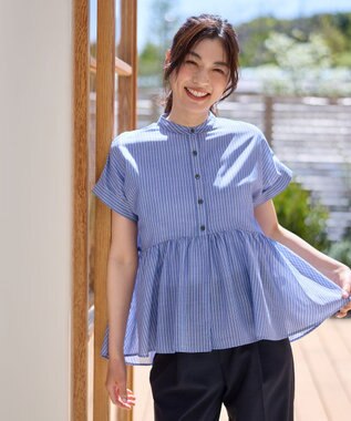 ANY L 半袖ティアードブラウス ネイビー×ストライプ
