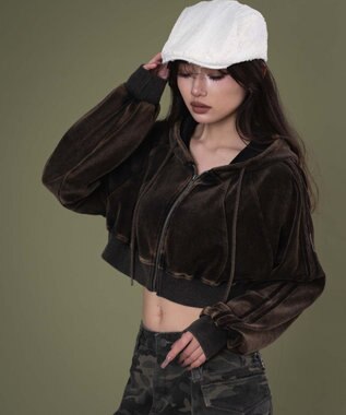 WEGO ベロア2ラインジップパーカー ブラック