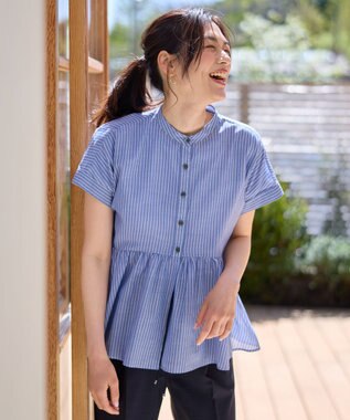 ANY L 半袖ティアードブラウス ネイビー×ストライプ
