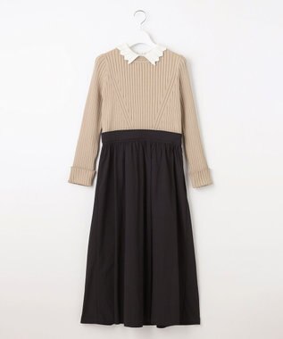 Feroux 【洗える】バイカラー襟ニットドッキング ワンピース ベージュ系