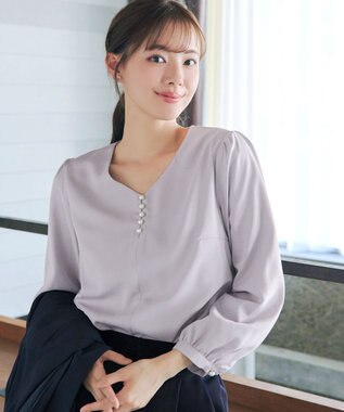 Tiaclasse 【スマート裏起毛・洗える】パールボタンブラウス グレー