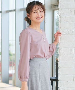Tiaclasse 【スマート裏起毛・洗える】パールボタンブラウス ピンク