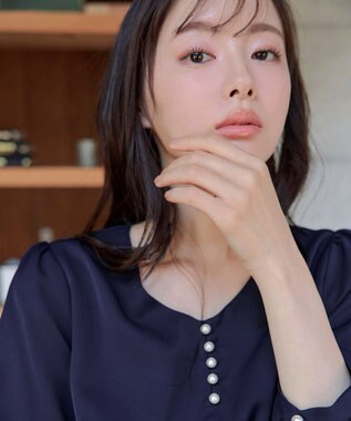 Tiaclasse 【スマート裏起毛・洗える】パールボタンブラウス ネイビー