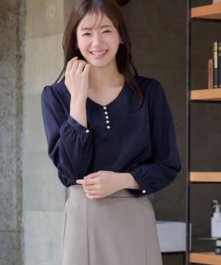 Tiaclasse 【スマート裏起毛・洗える】パールボタンブラウス ネイビー