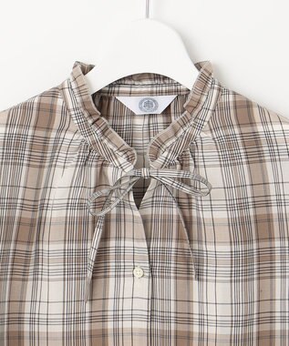 J.PRESS LADIES 【洗える】キュプラチェック フリルスタンドカラー ブラウス ベージュ系3