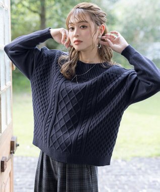 Tiaclasse 【洗える】ケーブル編みドルマンニットトップス ネイビー