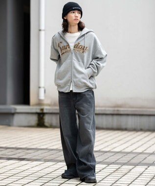 WEGO 【ユニセックス着用ITEM/SMLサイズ展開】レオパードワッペンダブルZIPパーカー 杢グレー