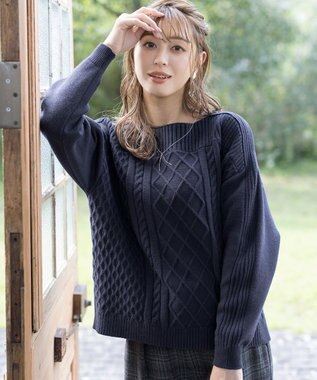 Tiaclasse 【洗える】ケーブル編みドルマンニットトップス ネイビー