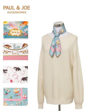 MOONBAT PAUL&JOE ACCESSOIRES(ポール & ジョー) シルクスカーフ 空 オーステルリッツ記念柱 ネコと毛糸 気球 65cm×65cm 手洗いOK サックスブルー