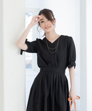 Tiaclasse L 【洗える】麻調リボン袖ブラウス ブラック