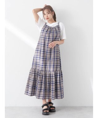 earth music&ecology マドラスチェックキャミワンピース Navy