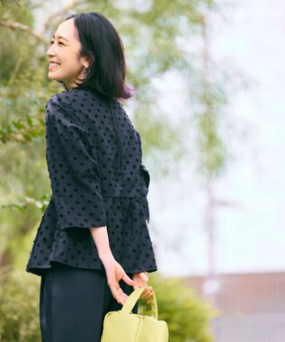 #Newans 【洗濯機可】ジャガ―ドドットペプラムブラウス ネイビー