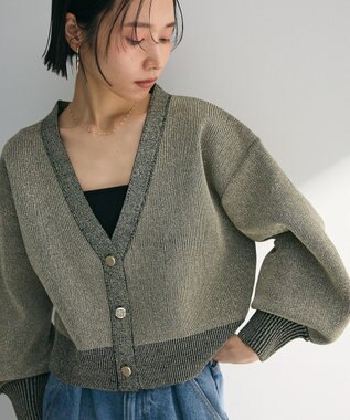 Green Parks ・ＥＬＥＮＣＡＲＥ　ＤＵＥ　ラメＶネックカーディガン Black