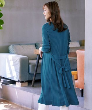 Tiaclasse 【洗える】ベルト付きランダムリブロングカーディガン ターコイズ