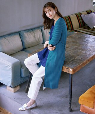 Tiaclasse 【洗える】ベルト付きランダムリブロングカーディガン ターコイズ