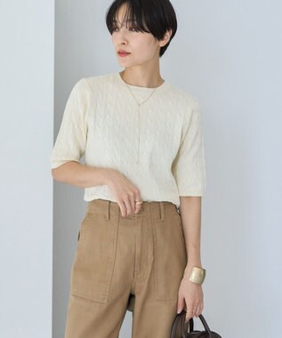 AMERICAN HOLIC ケーブル５分袖ニットプルオーバー Off White