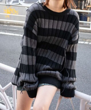 WEGO ボーダーワイドリブダメージニット スミクロ