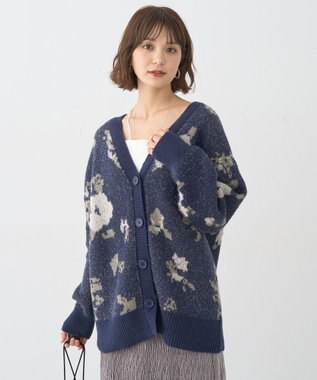 earth music&ecology フラワージャガードラメシャギーカーディガン Navy