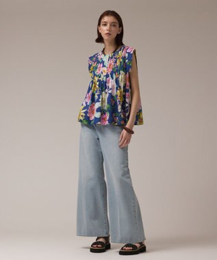 GRACE CONTINENTAL フラワープリントタックブラウス ブルー