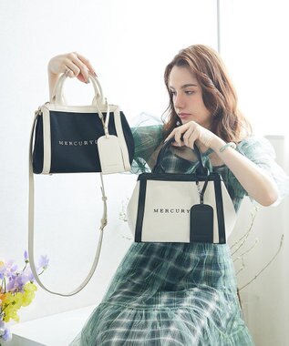 style code 【MERCURYDUO/マーキュリーデュオ】カードケース付 軽量キャンバスロゴ 2WAYトートバッグ ブラックアイボリー