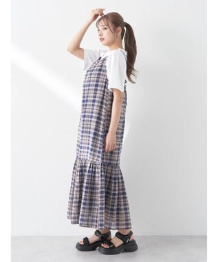earth music&ecology マドラスチェックキャミワンピース Navy