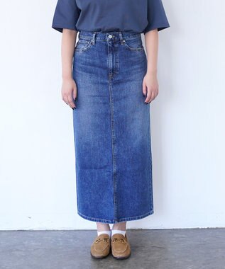 woadblue ＜坪田あさみさんコラボ＞コットン100％I LINE DENIM SKIRT  Iライン デニムスカート MIDBLUE