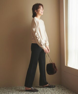 Feroux 【洗える】美シルエットストレッチセミフレア パンツ ブラック系