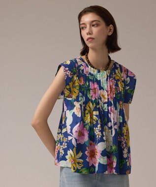 GRACE CONTINENTAL フラワープリントタックブラウス ブルー