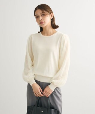 Green Parks 袖チュールマジョリカドッキングニットプルオーバー Ivory