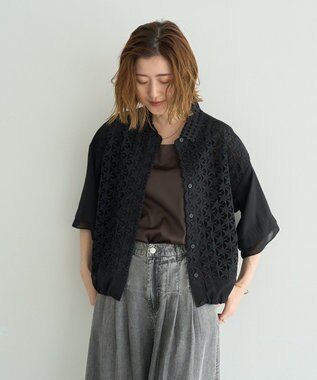 YECCA VECCA レースMIXレイヤードハーフスリーブシャツ Black