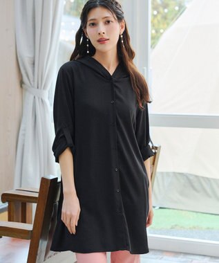 Tiaclasse 【新色追加・洗える】麻調パーカーチュニックブラウス ブラック