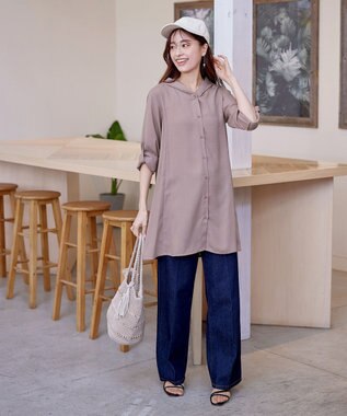 Tiaclasse 【新色追加・洗える】麻調パーカーチュニックブラウス モカ